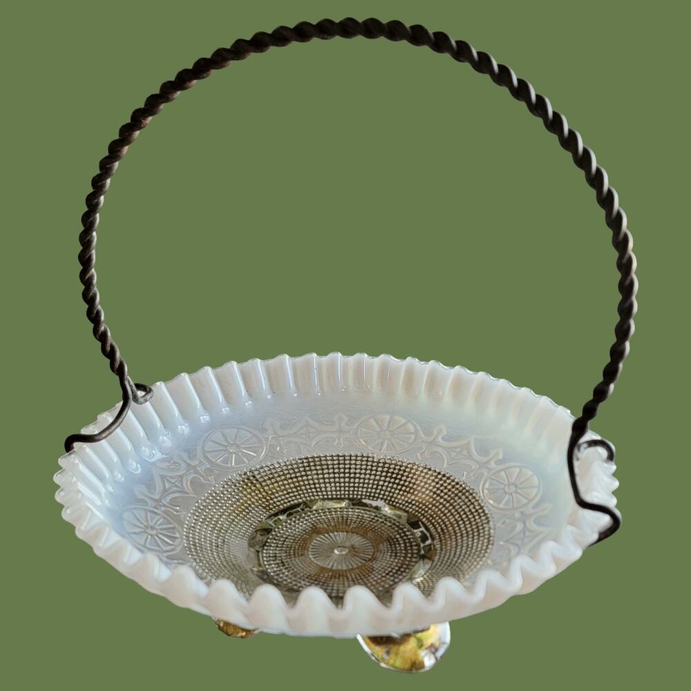 Antique 1905 Bridal Opalescent Jefferson Glass Bowl and Twisted Metal Handle